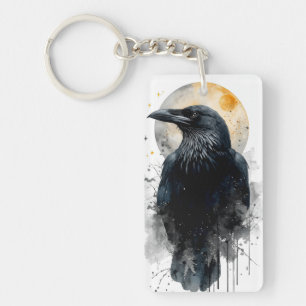 Mystical Raven Watercolor Art   Gothic Moon Crow I Keychain