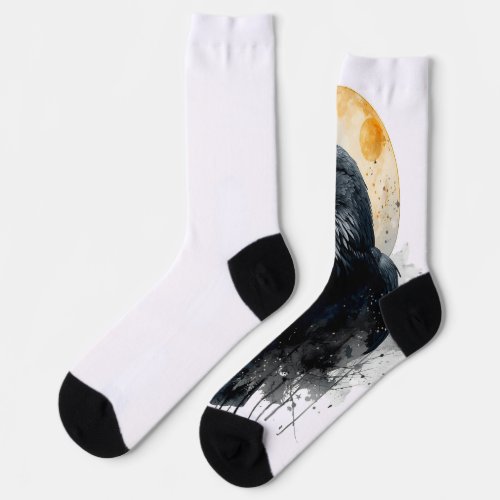 Mystical Raven Watercolor Art | Gothic Moon Crow I Socks