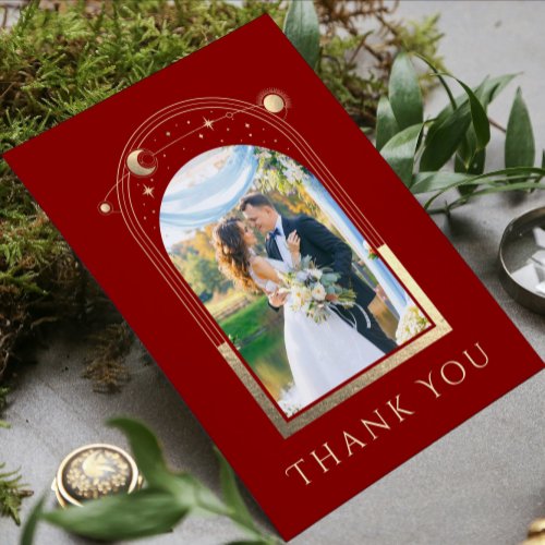 Mystical Red Gold Star Moon Stars Photo Wedding Thank You Card
