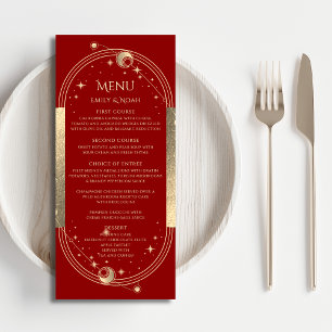 Mystical Red Gold Sun Moon Astronomy Wedding Menu