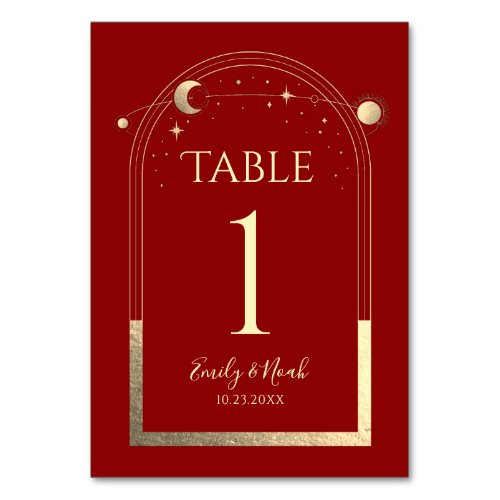 Mystical Red Gold Sun Moon Stars Celestial Wedding Table Number