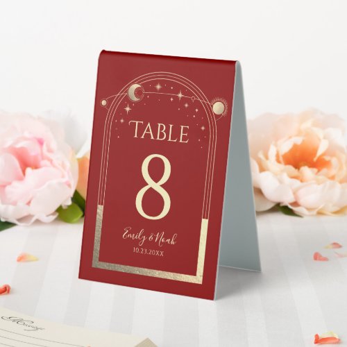 Mystical Red Gold Sun Moon Stars Celestial Wedding Table Tent Sign