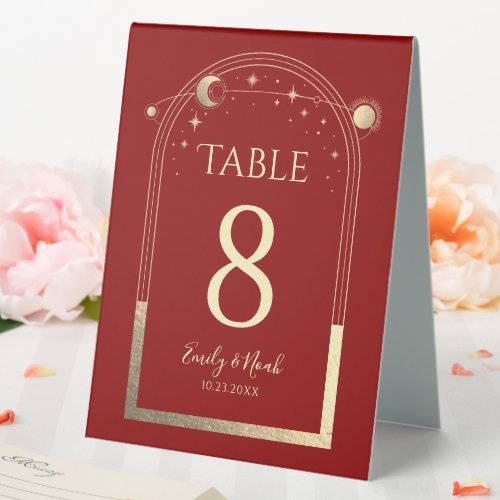 Mystical Red Gold Sun Moon Stars Celestial Wedding Table Tent Sign