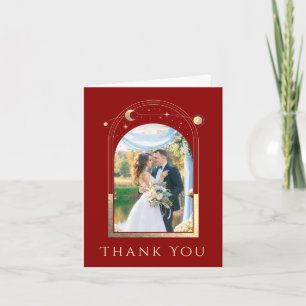Mystical Red Gold Sun Moon Stars Photo Wedding Thank You Card
