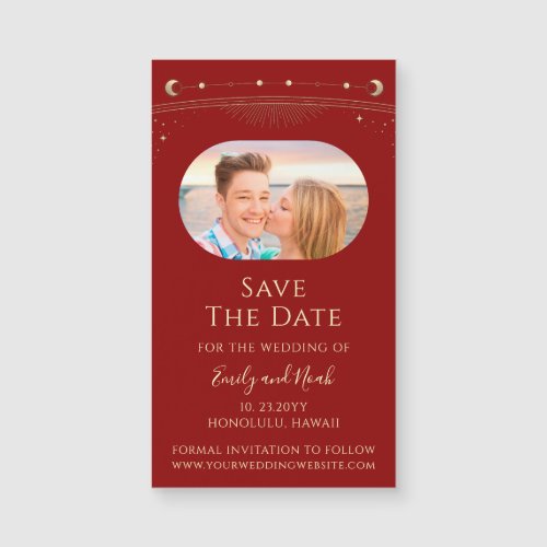 Mystical Red Gold Sun Moon Stars Save The Date