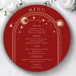 Mystical Red Gold Sun Moon Stars Space Wedding Menu<br><div class="desc">Mystical Dark Red Gold Sun Moon Stars Space Wedding Menu Cards features a gold sun, moon and stars frame on a dark red background with your menu details in the center in modern gold calligraphy script. Personalize by editing the text in the text boxes provided. Designed by Evco Studio www.zazzle.com/store/evcostudio...</div>