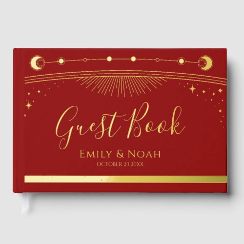 Mystical Red Gold Sun Moon Stars Wedding Foil Guest Book