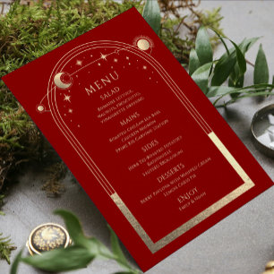 Mystical Red Gold Sun Moon Stars Wedding Menu