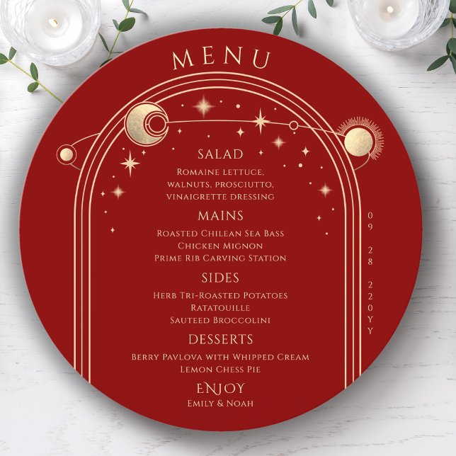 Mystical Red Gold Sun Moon Stars Wedding Menu (Creator Uploaded)