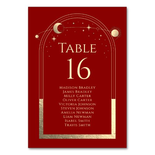 Mystical Red Gold Sun Moon Stars Wedding Table Number