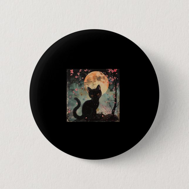 Mystical Red Moon with Black Cat and Sakura  Button (Front)