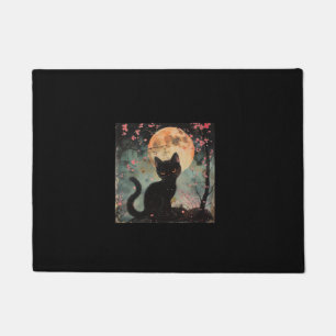 Mystical Red Moon with Black Cat and Sakura  Doormat