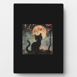 Mystical Red Moon with Black Cat and Sakura Plaque