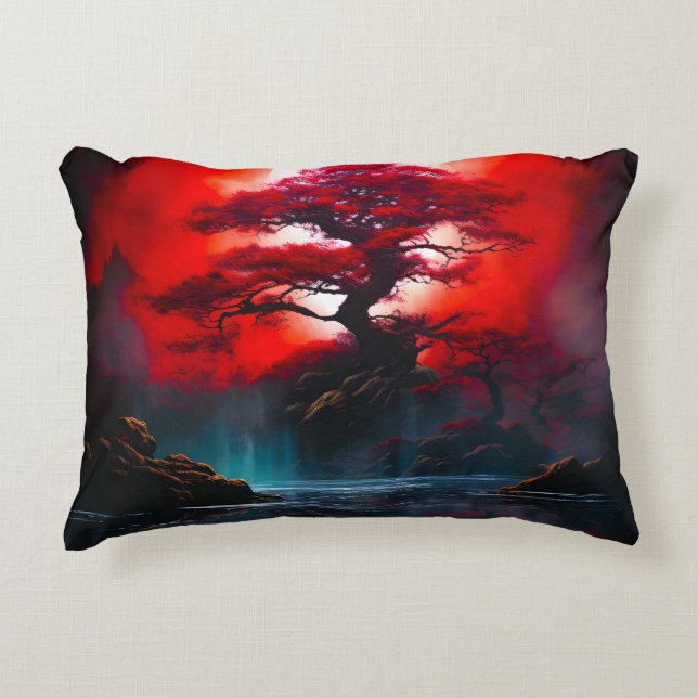 Mystical Red Tree Under Full Moon Accent Pillow (Front)