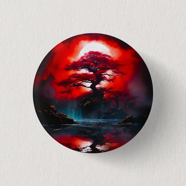 Mystical Red Tree Under Full Moon Button (Front)