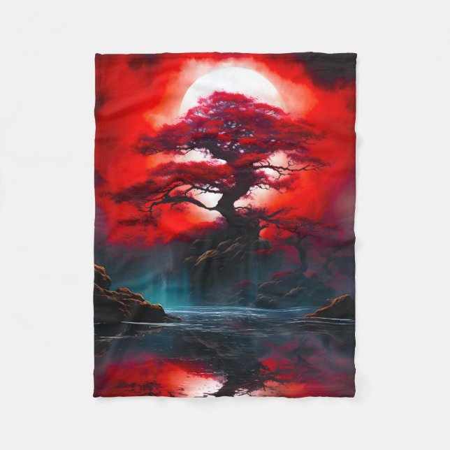 Mystical Red Tree Under Full Moon Fleece Blanket (Front)