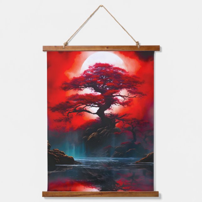 Mystical Red Tree Under Full Moon Hanging Tapestry (Front)