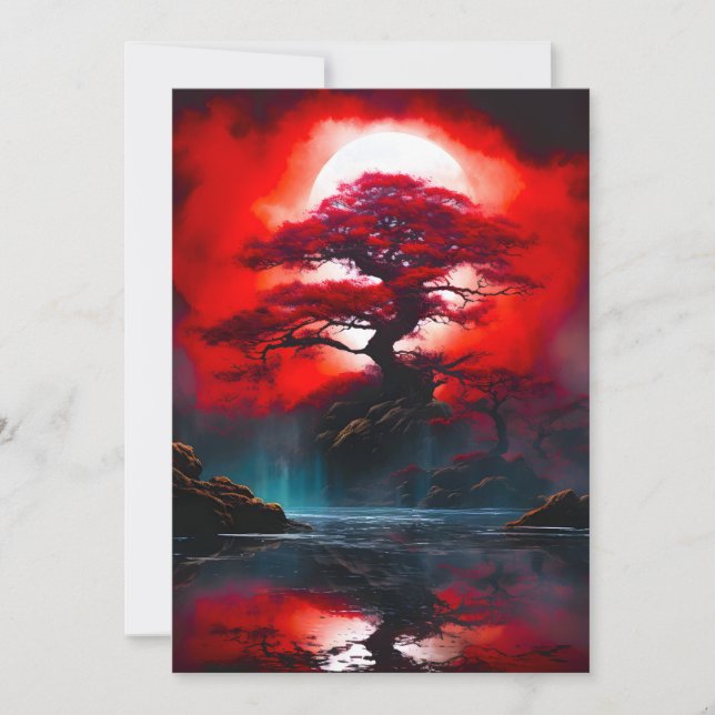 Mystical Red Tree Under Full Moon Holiday Card (Front)