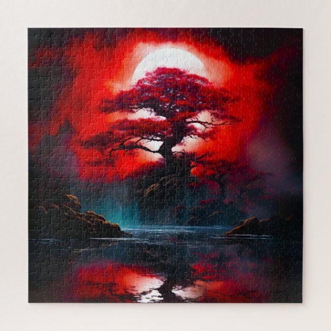 Mystical Red Tree Under Full Moon Jigsaw Puzzle (Vertical)