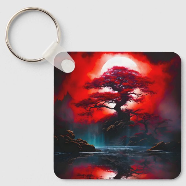 Mystical Red Tree Under Full Moon Keychain (Front)