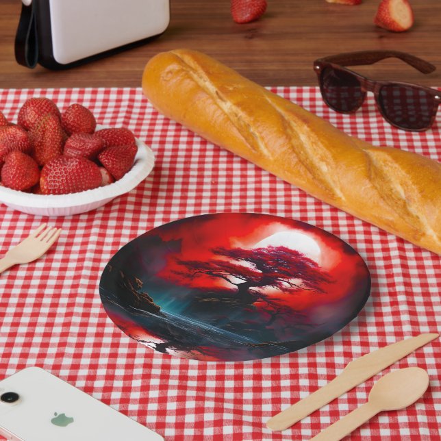 Mystical Red Tree Under Full Moon Paper Plates (Picnic)