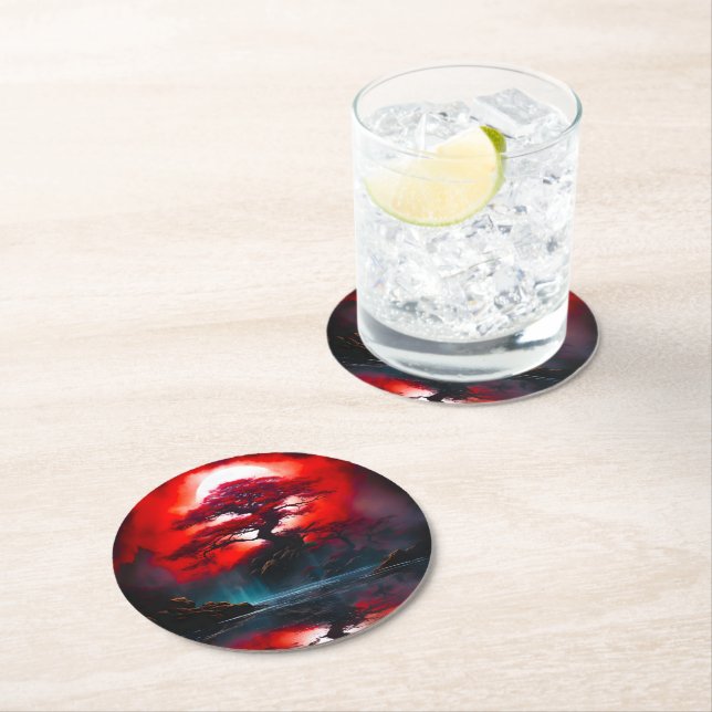 Mystical Red Tree Under Full Moon Round Paper Coaster (Insitu)