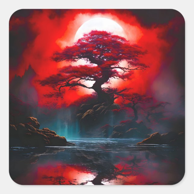 Mystical Red Tree Under Full Moon Square Sticker (Front)