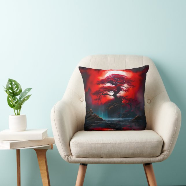 Mystical Red Tree Under Full Moon Throw Pillow (Chair)