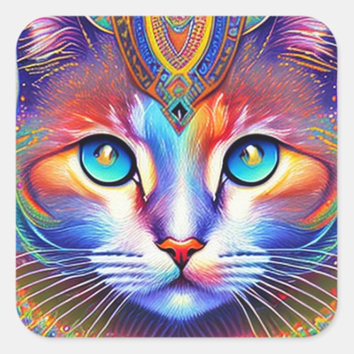 Mystical Royal Colorful Cat Square Sticker