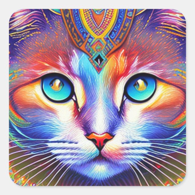 Mystical Royal Colorful Cat Square Sticker (Front)