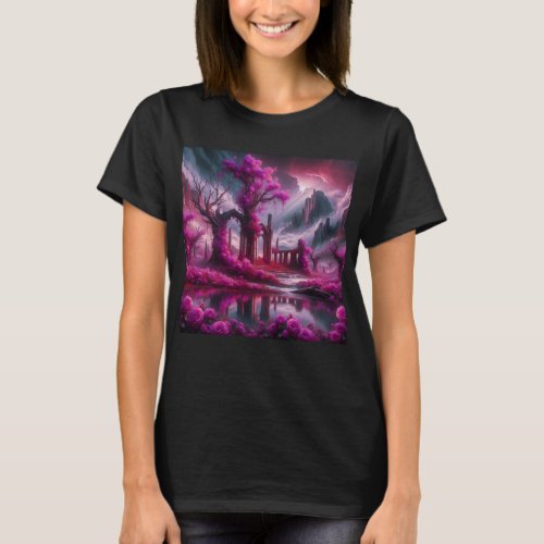 Mystical Ruins with Pink Roses T_Shirt