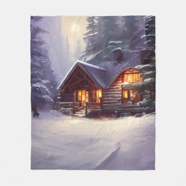 Mystical Rustic Log Cabin Amongst The Evergreens Fleece Blanket (Front)