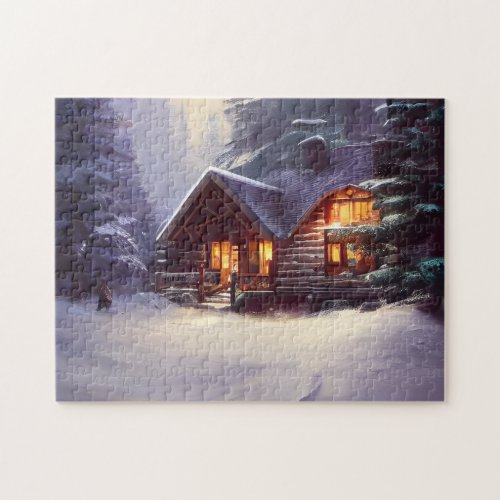 Mystical Rustic Log Cabin Amongst The Evergreens Jigsaw Puzzle