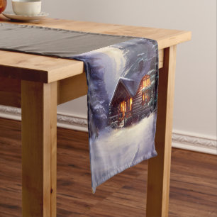 Mystical Rustic Log Cabin Amongst The Evergreens Short Table Runner