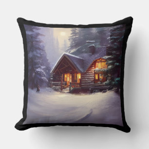 Mystical Rustic Log Cabin Amongst The Evergreens Throw Pillow