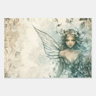 Mystical Sage Green Fairy Wrapping Paper Sheets