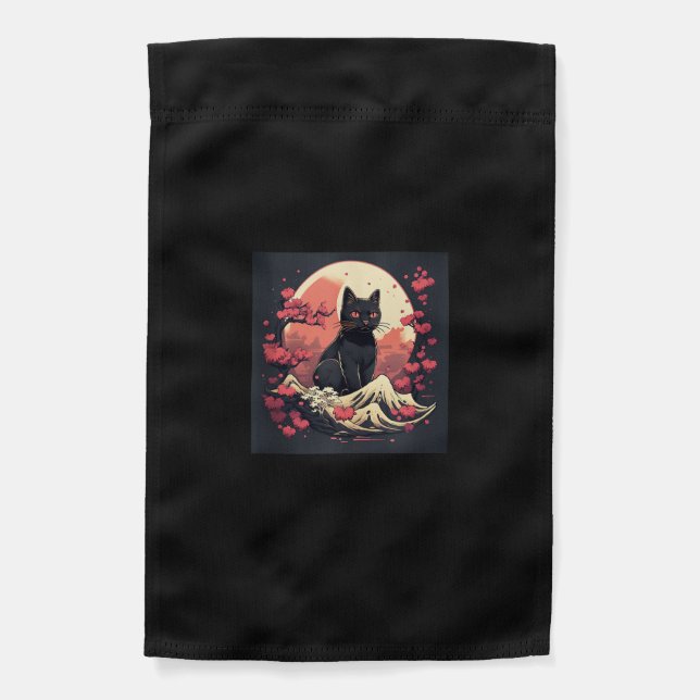 Mystical Sakura Night_ Black Cat with Full Moon  Garden Flag (Front)