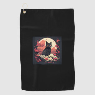 Mystical Sakura Night_ Black Cat with Full Moon  Golf Towel