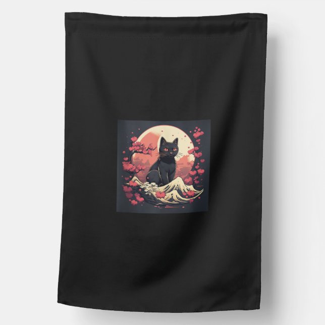 Mystical Sakura Night_ Black Cat with Full Moon  House Flag (Front)