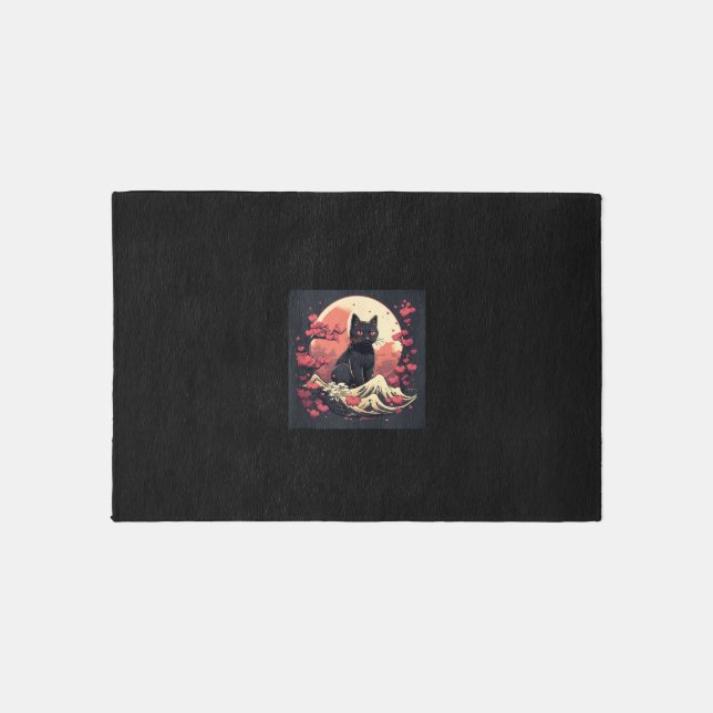 Mystical Sakura Night_ Black Cat with Full Moon  Rug (Front)