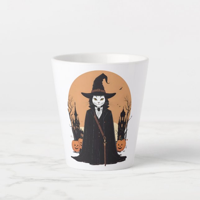 Mystical Salem Black Cat with Pumpkins Latte Mug (Front)
