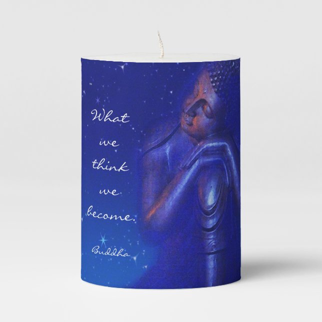 Mystical Sapphire Blue Buddha | Wisdom Quote Pillar Candle (Front)