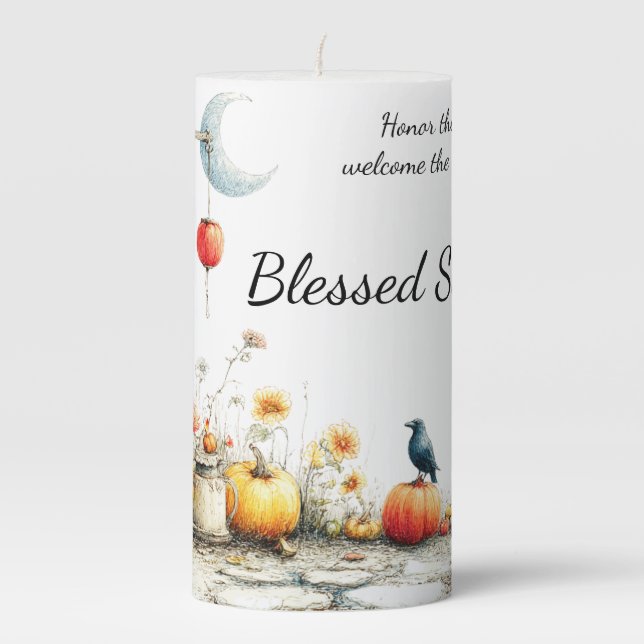 Mystical Seasons | Samhain Witchy Design Pillar Candle (Front)
