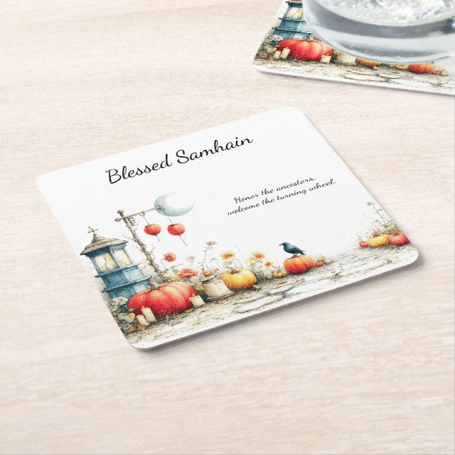 Mystical Seasons | Samhain Witchy Design Square Paper Coaster (Angled)