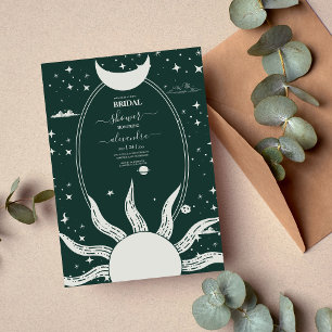Mystical Silver and Green Sun Moon Bridal Invitation