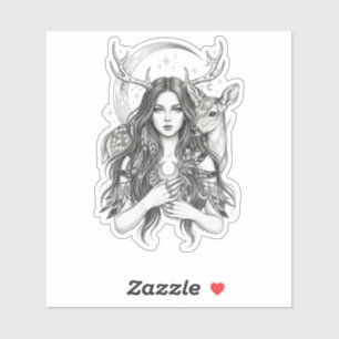 Mystical Slavic Forest Goddess Moon & Deer Vinyl S Sticker