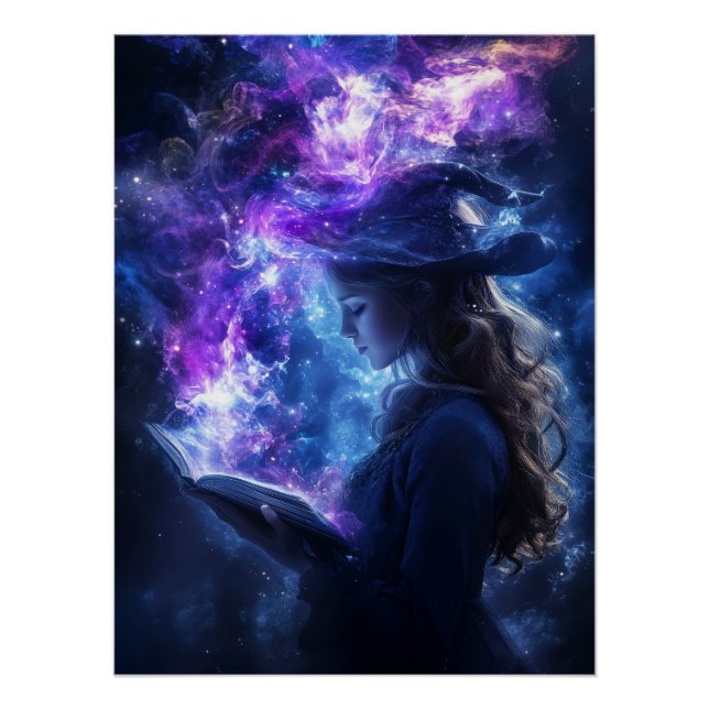 Mystical Sorceress with Magic Book Fantasy Art Poster (Front)