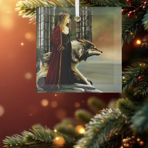 Mystical Sorceress Wolf Guardian Stone Portal  Glass Ornament