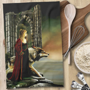 Mystical Sorceress Wolf Guardian Stone Portal Kitchen Towel
