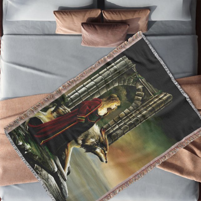 Mystical Sorceress Wolf Guardian Stone Portal  Throw Blanket (Creator Uploaded)